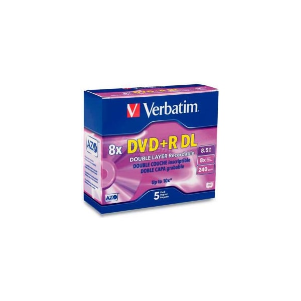 Verbatim Americas Verbatim DVD+R, 95311, 8X Speed, 8.5GB, W/Jewel Case, Double Layer, Branded, 5/Pk 95311 - main